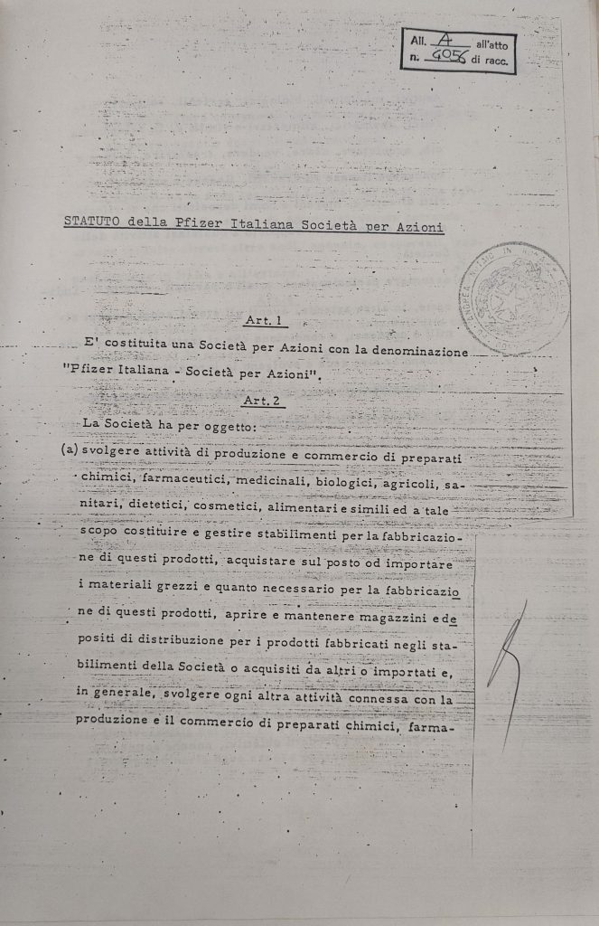 Copia dello statuto della società Pfizer Italiana S.p.A., 1957. Archivio storico Intesa San Paolo, Roma