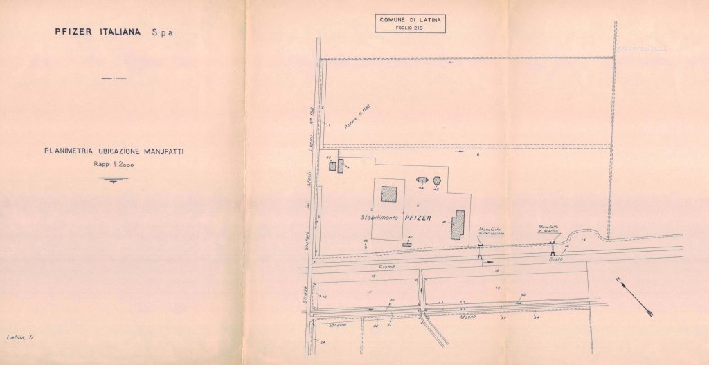 Planimetria con ubicazione dei manufatti dello stabilimento Pfizer di Borgo San Michele (LT), 1957. Archivio Aenova – Haupt Pharma Latina, Borgo San Michele (LT)