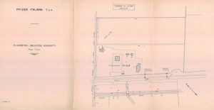 Planimetria con ubicazione dei manufatti dello stabilimento Pfizer di Borgo San Michele (LT), 1957. Archivio Aenova – Haupt Pharma Latina, Borgo San Michele (LT)