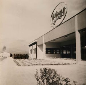 Vista sul portico di accesso allo stabilimento Pfizer appena realizzato, 1958, fotografia di E. Montuori. Archivio privato Eugenio Montuori