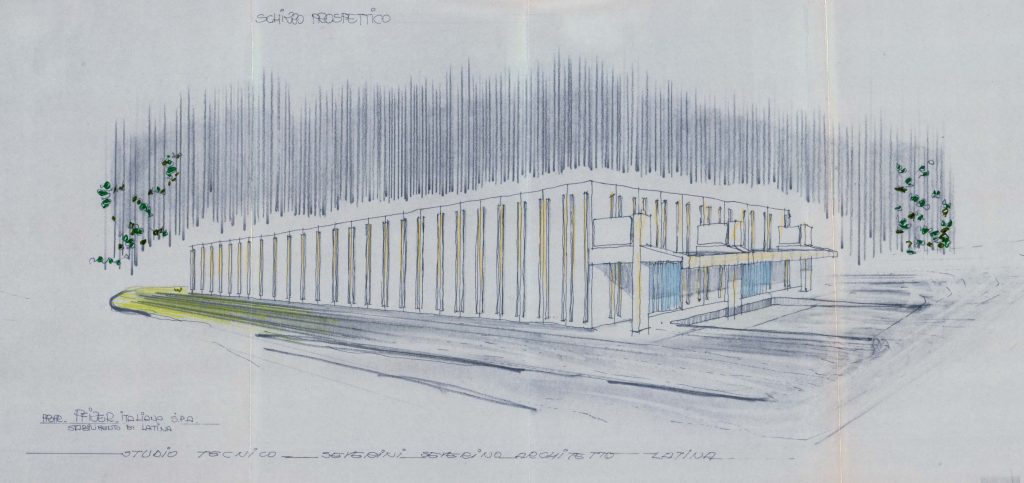 S. Severini, Schizzo prospettico del nuovo magazzino nello stabilimento Pfizer di Borgo San Michele (LT), 1981/1982 (attr.). Archivio Aenova – Haupt Pharma Latina, Borgo San Michele (LT)