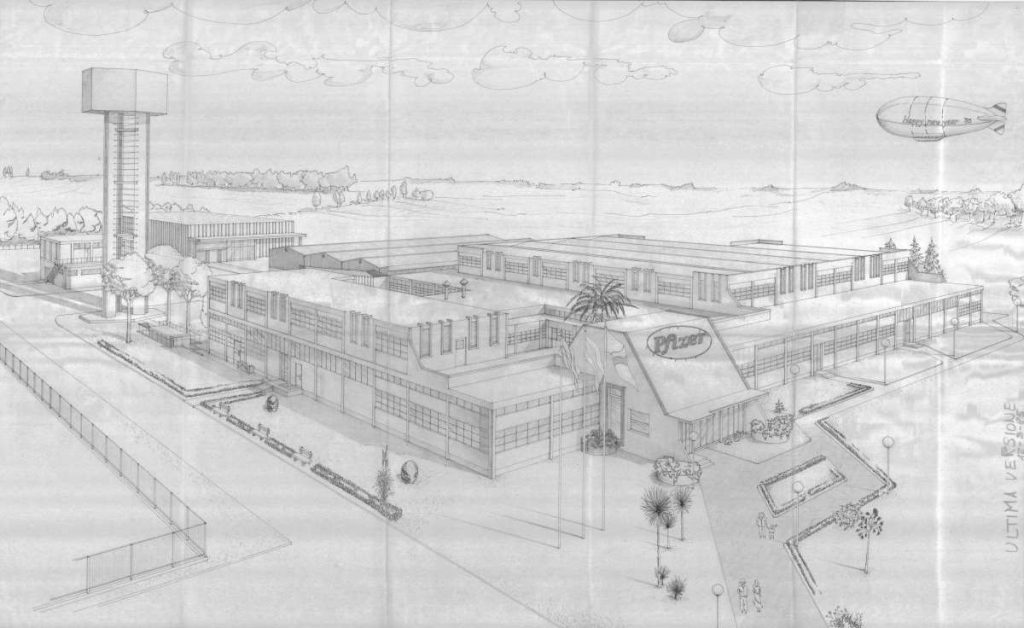 S. Severini, Disegno prospettico dello stabilimento con le sopraelevazioni e l’ampliamento dell’ingresso, 1986. Archivio Aenova – Haupt Pharma Latina, Borgo San Michele (LT)