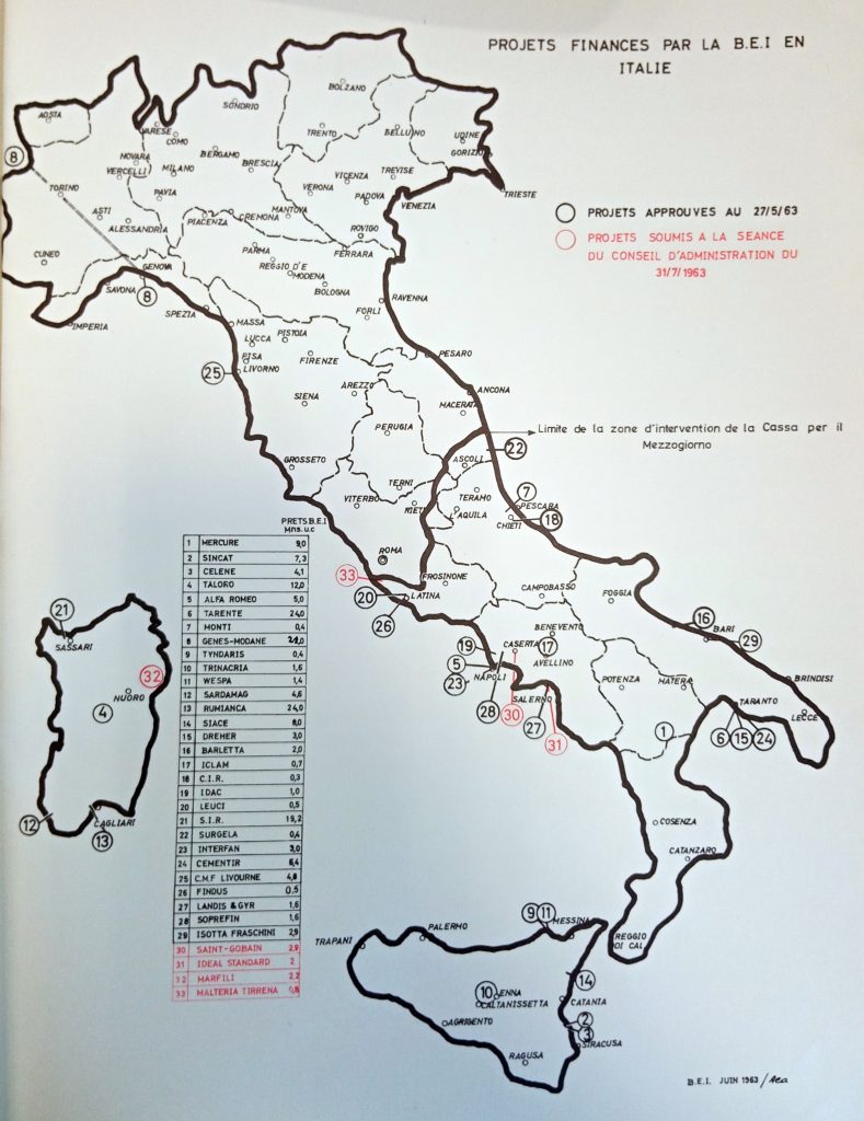 Mappa progetti finanziati dalla Banque Europeenne d’investissement in Italia, Malteria Tirrena, Pomezia (RM), 1963. Archivio Storico Intesa Sanpaolo, Milano e Roma