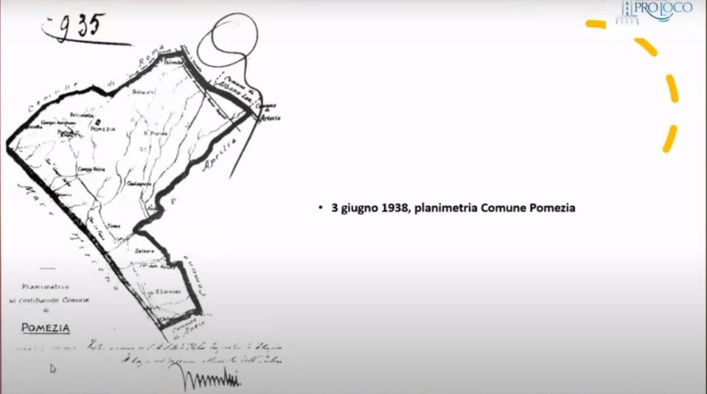 1938, prima mappa del Comune di Pomezia; in Pro Loco Pomezia.