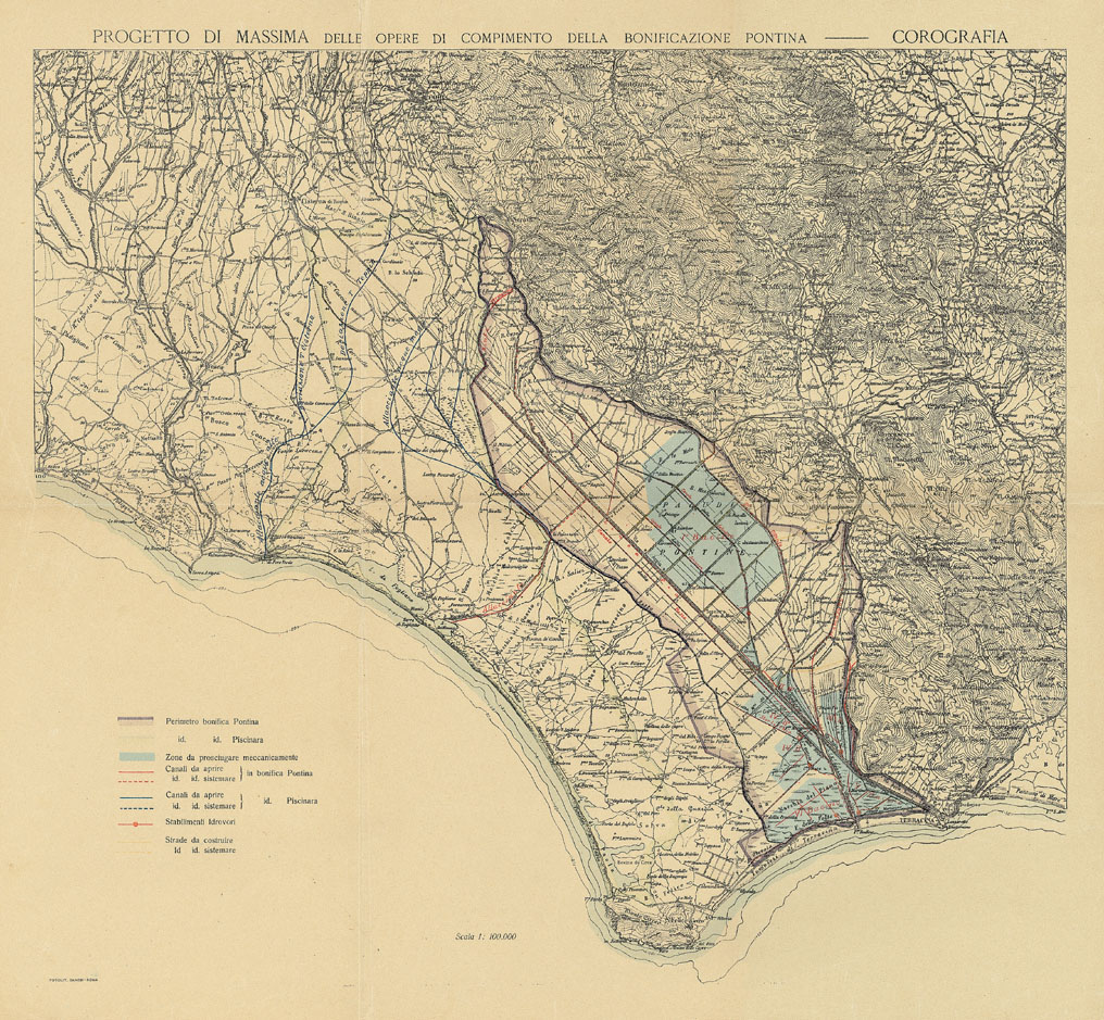 Carta 1918, carta del Marchi delle opere della bonifica Pontina, in “Cartografia storica” in “Geoportale Cartografico” del G.I.S. ‒ Sistema Informativo Geografico della Città Metropolitana di Roma Capitale.