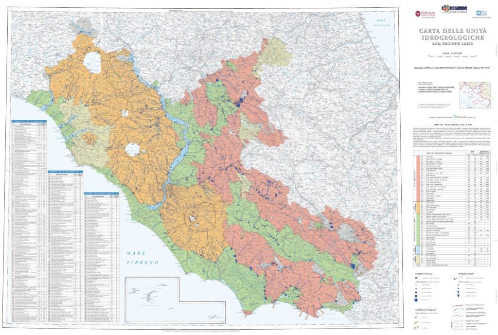 Carta delle unità idrogeologiche del Lazio. 1:250.000. Di G. Capelli, R. Mazza, M. Petitta. 2012.