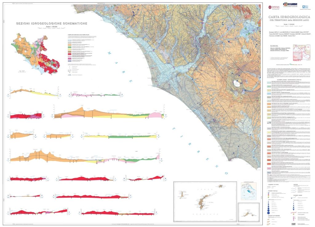 Carta idrogeologica della Regione Lazio, quadrante 03 (Roma- Pomezia). 1:100.000. Di G. Capelli, L. Mastrorillo, R. Mazza, M. Petitta, T. Baldoni, F. Banzato, D. Cascone, C. Di Salvo, F. la Vigna, S. Taviani, P. Teoli. 2012.