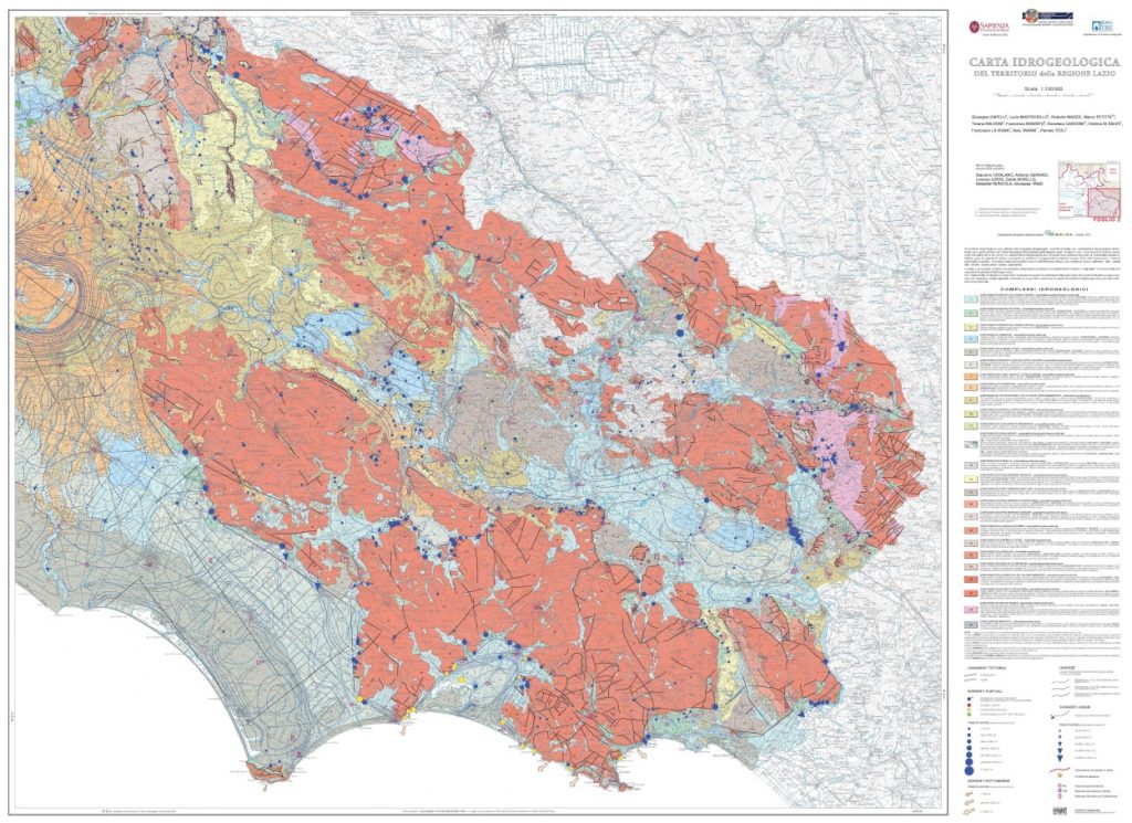 Carta idrogeologica della Regione Lazio, quadrante 02 (Latina). 1:100.000. Di G. Capelli, L. Mastrorillo, R. Mazza, M. Petitta, T. Baldoni, F. Banzato, D. Cascone, C. Di Salvo, F. la Vigna, S. Taviani, P. Teoli. 2012.