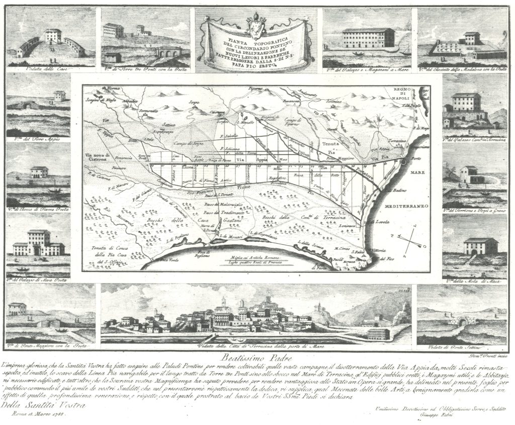 Pianta topografica delle bonifiche pontine, 1788 – da A. P. Frutaz, Le carte del Lazio, Roma 1972, II, XLII.3, 205 in “Geoportale Cartografico” del G.I.S. ‒ Sistema Informativo Geografico della Città Metropolitana di Roma Capitale, “Cartografia storica”. https://geoportale.cittametropolitanaroma.it/cartografia-storica/19/30/paludi-pontine-2