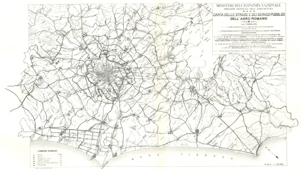 Carta delle strade e dei servizi pubblici dell'Agro Romano. 1928, da L'Agro Romano nel primo quinquennio fascista. Relazione sull'incremento del bonificamento agrario e della colonizzazione dell'Agro Romano dal 1° gennaio 1923 (I) al 31 dicembre 1927 (VI), del Ministero dell'Economia Nazionale