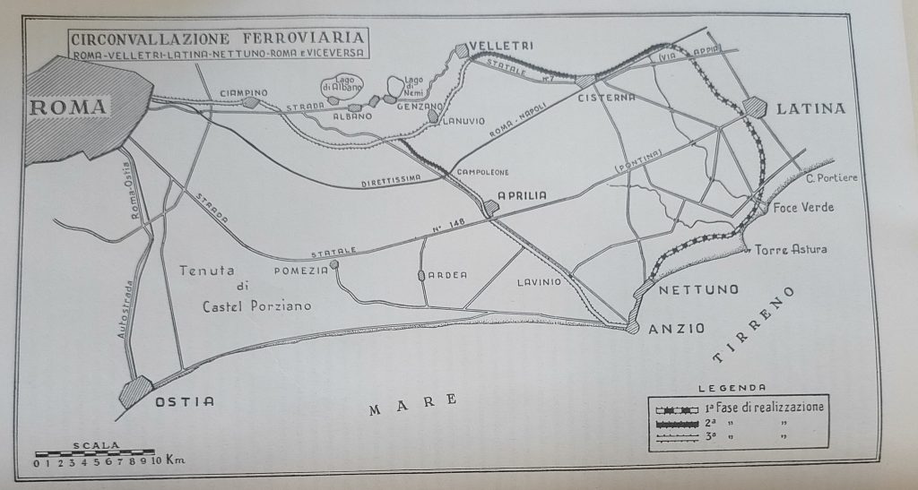 Disegno della rete ferroviaria da Roma a Latina,1960, Economia Pontina. Bollettino mensile della camera di commercio industria e agricoltura di Latina, anno VI, 11 (1960), p. 12